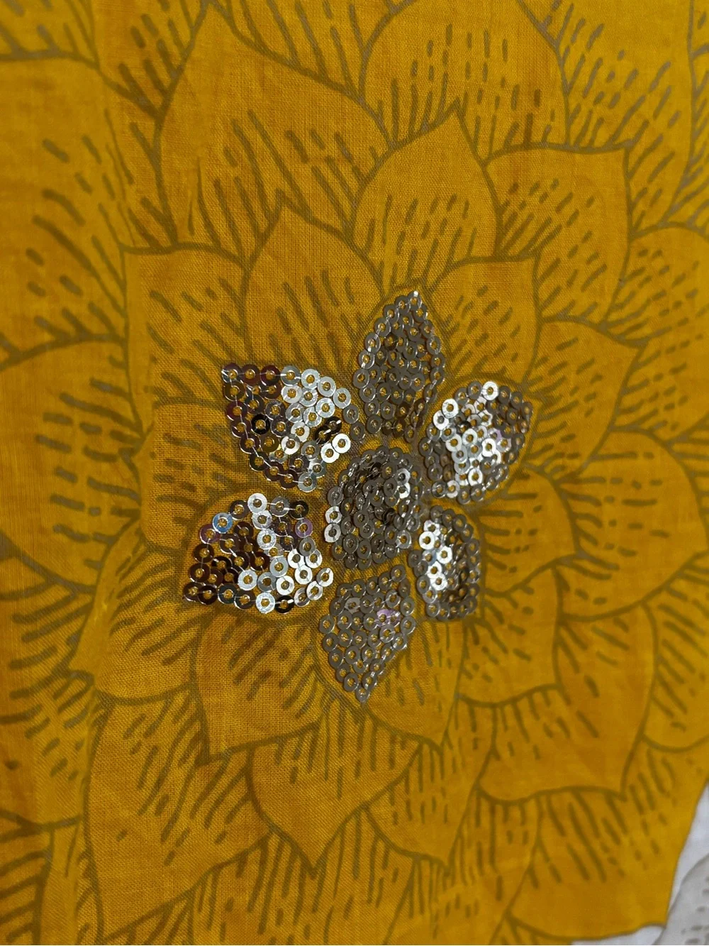 Tory Burch Floral Mustard & Silver Sequin Cotton Tunic Blouse Top Sz 10